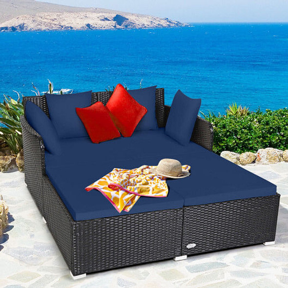 Spacious Outdoor Rattan Daybed with Upholstered Cushions and Pillows-Navy - Color: Navy D681-HW67329NY
