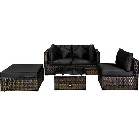 5 Pcs Outdoor Patio Rattan Furniture Set Sectional Conversation with Cushions-Black - Color: Black D681-HW68679ADK+