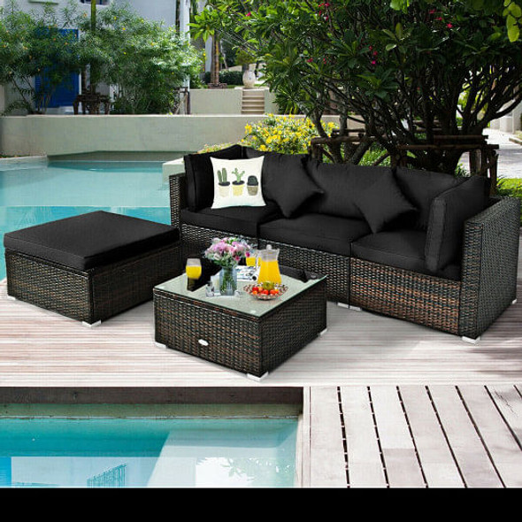 5 Pcs Outdoor Patio Rattan Furniture Set Sectional Conversation with Cushions-Black - Color: Black D681-HW68679ADK+