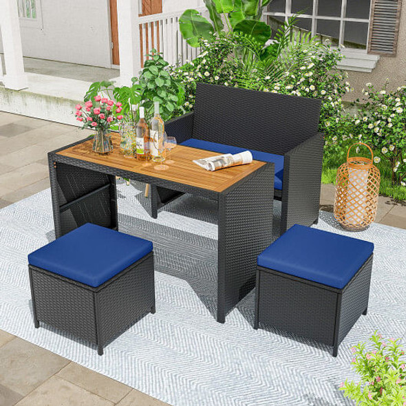 4 Piece Outdoor Dining Set with Wood Topped Dining Table  Rattan Loveseat Chair and 2 Ottomans-Navy B593-HW72365