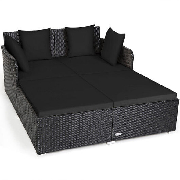 Spacious Outdoor Rattan Daybed with Upholstered Cushions and Pillows-Black - Color: Black D681-HW72537DK