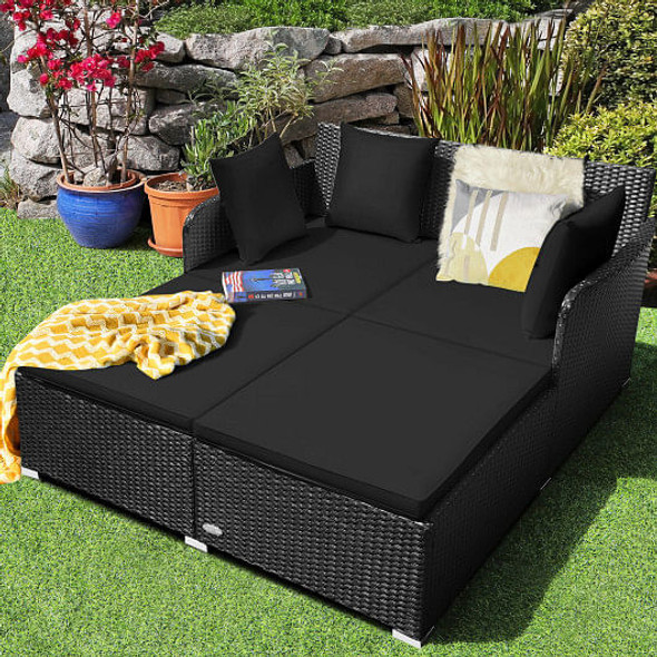 Spacious Outdoor Rattan Daybed with Upholstered Cushions and Pillows-Black - Color: Black D681-HW72537DK