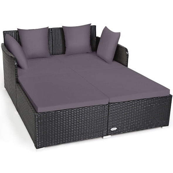 Spacious Outdoor Rattan Daybed with Upholstered Cushions and Pillows-Gray - Color: Gray D681-HW67329GR
