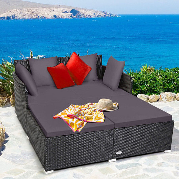 Spacious Outdoor Rattan Daybed with Upholstered Cushions and Pillows-Gray - Color: Gray D681-HW67329GR