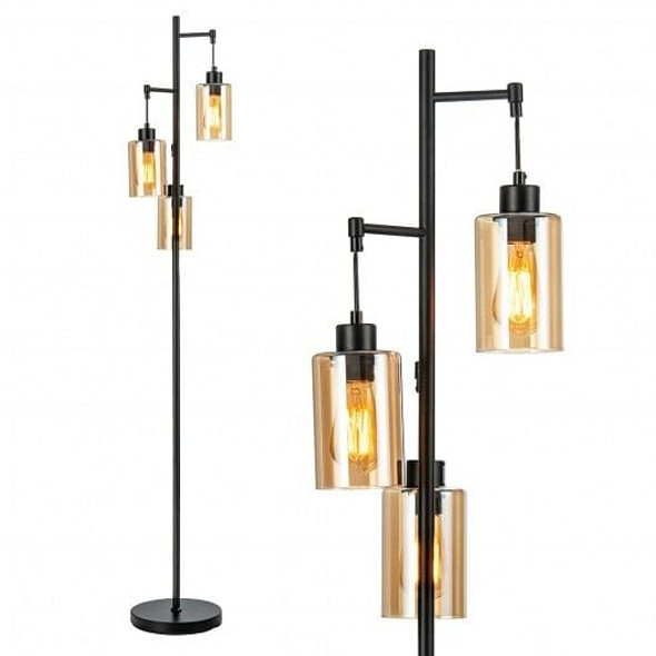 Retro 3-Head Floor Lamp with Amber Glass Shades,  Vintage Industrial Standing Lamp for Living Room, Bedroom, or Office, Warm Ambient Lighting, Sturdy Base, E26 Bulbs Compatible