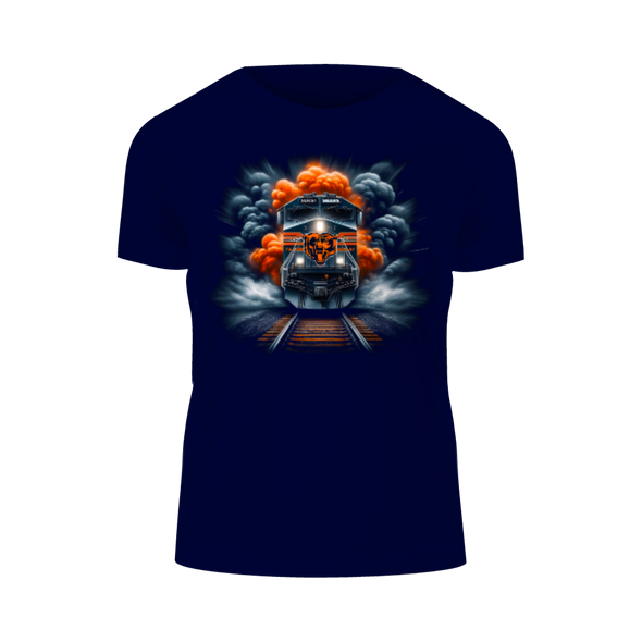 “Chicago Bears navy blue t-shirt featuring custom Iron Horse train and smoke graphic with bold team logo, limited edition fan gear” “Chicago Bears navy blue t-shirt featuring custom Iron Horse train and smoke graphic with bold team logo, limited edition fan gear”