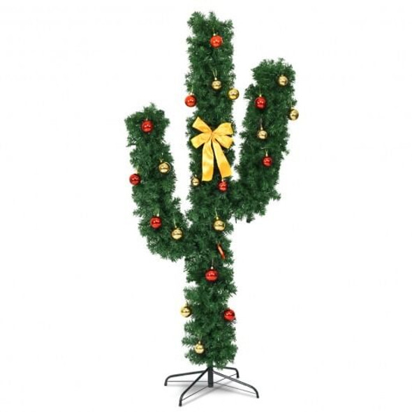 6-foot green cactus-shaped artificial Christmas tree with built-in LED lights and red and gold ball ornaments on a white background