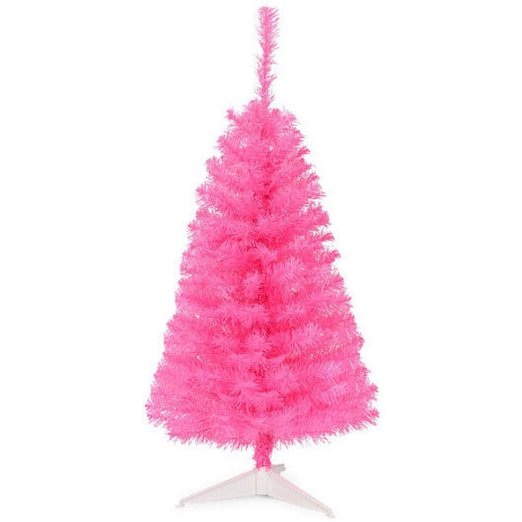 3 ft Premium Artificial Pink Mini Christmas Tree unpacked with sturdy stand on a white background, showcasing compact tabletop size and vibrant pink PVC branches ready for holiday decorating.