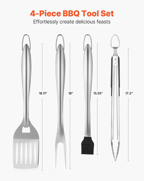 4-piece stainless steel BBQ grill tool set displayed on wooden table with spatula, tongs, fork, and basting brush neatly arranged 4-piece stainless steel BBQ grill tool set displayed on wooden table with spatula, tongs, fork, and basting brush neatly arranged