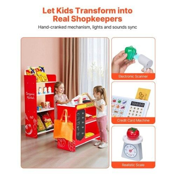 Wooden supermarket toy set with realistic scale, scanner, and pretend grocery items