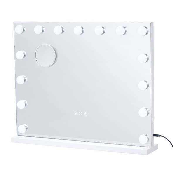 Hollywood vanity mirror with 15 dimmable LED bulbs, white frame, and detachable 5× magnifying mirror on a modern makeup vanity table. The mirror displays warm, neutral, and daylight lighting modes with soft studio glow. Hollywood vanity mirror with 15 dimmable LED bulbs, white frame, and detachable 5× magnifying mirror on a modern makeup vanity table. The mirror displays warm, neutral, and daylight lighting modes with soft studio glow.