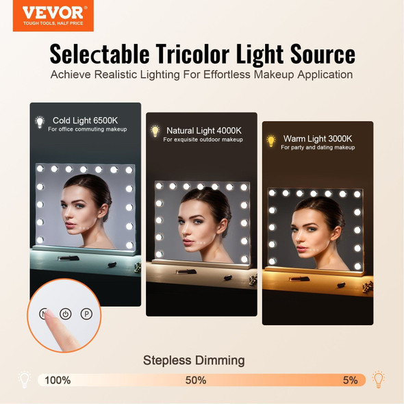Woman applying makeup in front of a Hollywood vanity mirror with lights, USB cable connected to phone, smart touch control panel illuminated. Mirror mounted on wall in a bright, modern bedroom. Woman applying makeup in front of a Hollywood vanity mirror with lights, USB cable connected to phone, smart touch control panel illuminated. Mirror mounted on wall in a bright, modern bedroom.