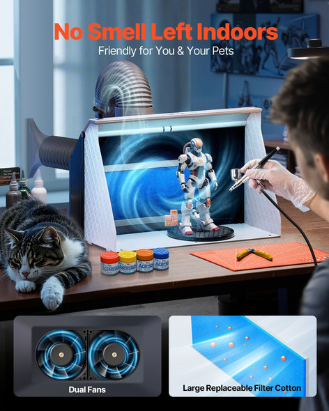 Foldable dual-fan airbrush spray booth with LED lights fully set up on a craft table