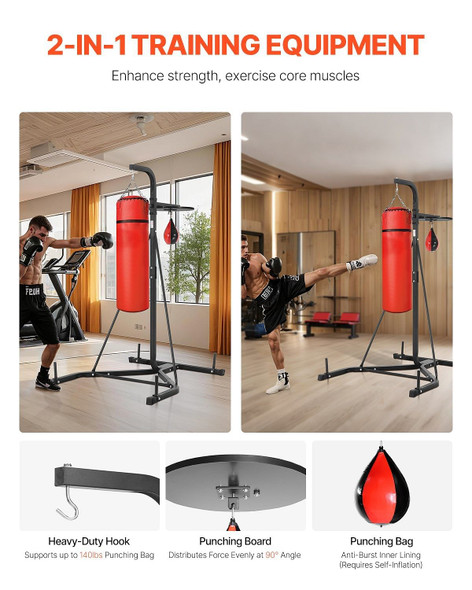 Adult and teenager using the 2-in-1 punching bag stand, demonstrating heavy bag punches and speed bag training, freestanding setup in a home gym, adjustable height for multi-user workouts. Adult and teenager using the 2-in-1 punching bag stand, demonstrating heavy bag punches and speed bag training, freestanding setup in a home gym, adjustable height for multi-user workouts.