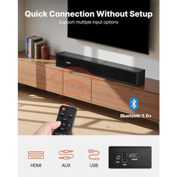 Full soundbar kit with remote control, AUX cable, power adapter, and quick-start guide