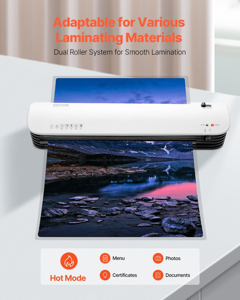 Portable A3 Thermal Laminator from Go Big Discounts surrounded by 3–5 mil laminating pouches and corner rounder, highlighting fast 2–3 minute warm-up and home or classroom use.