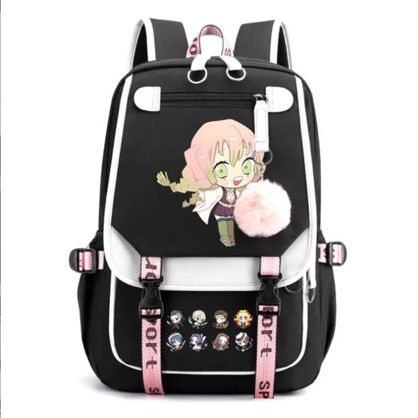 Gray Demon Slayer USB laptop backpack featuring Mitsuri and Muichirou full-color anime print on the front panel Gray Demon Slayer USB laptop backpack featuring Mitsuri and Muichirou full-color anime print on the front panel