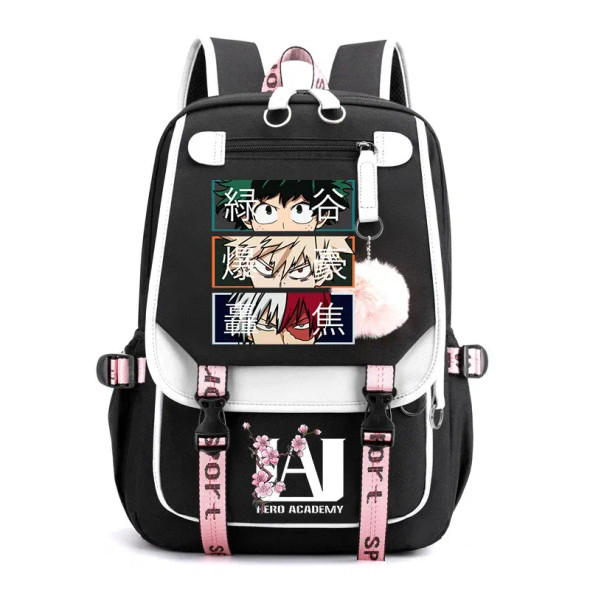 Front view of blue My Hero Academia USB backpack featuring Todoroki, Bakugou, and Deku printed on the front panel Front view of blue My Hero Academia USB backpack featuring Todoroki, Bakugou, and Deku printed on the front panel