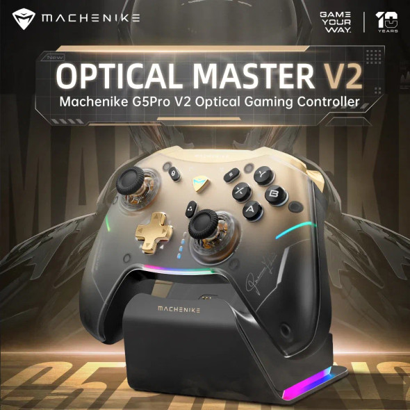 Side angle of MACHENIKE G5Pro V2 highlighting hot-swappable joystick module and ergonomic side grips for competitive gamers. Side angle of MACHENIKE G5Pro V2 highlighting hot-swappable joystick module and ergonomic side grips for competitive gamers.