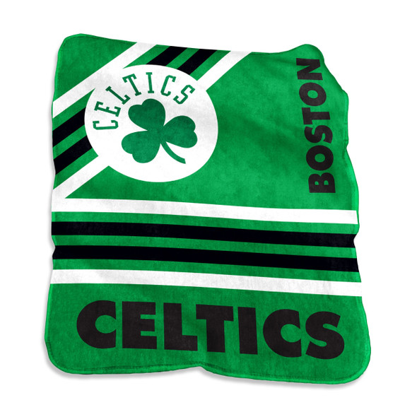 Boston Celtics 50x60 Raschel Throw Blanket draped over a couch, showing bold green and white team logo on ultra-soft plush fabric  perfect for game day comfort and NBA fan décor. Boston Celtics 50x60 Raschel Throw Blanket draped over a couch, showing bold green and white team logo on ultra-soft plush fabric  perfect for game day comfort and NBA fan décor.