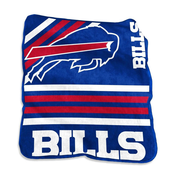 Buffalo Bills 50x60 Raschel Throw Blanket draped over a couch, featuring the official team logo in vibrant red, white, and blue on ultra-soft plush fabric Buffalo Bills 50x60 Raschel Throw Blanket draped over a couch, featuring the official team logo in vibrant red, white, and blue on ultra-soft plush fabric