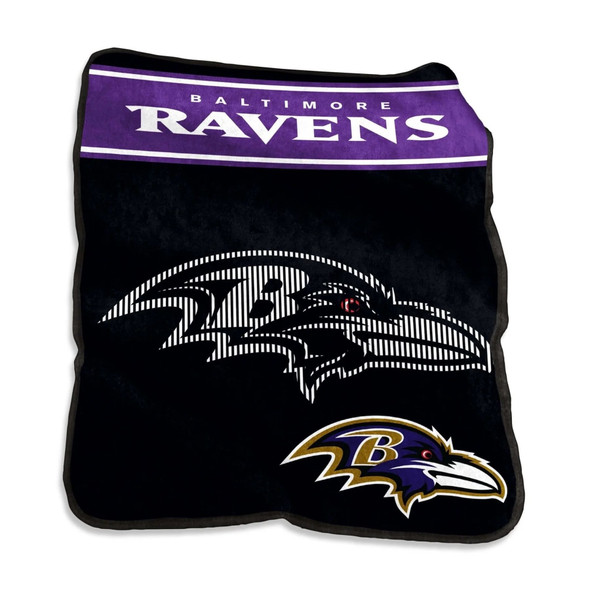 Baltimore Ravens 60x80 Raschel throw blanket folded on a couch, showing bold purple and black team colors and official NFL logo, ultra-soft plush fleece for cozy game day or dorm décor Baltimore Ravens 60x80 Raschel throw blanket folded on a couch, showing bold purple and black team colors and official NFL logo, ultra-soft plush fleece for cozy game day or dorm décor