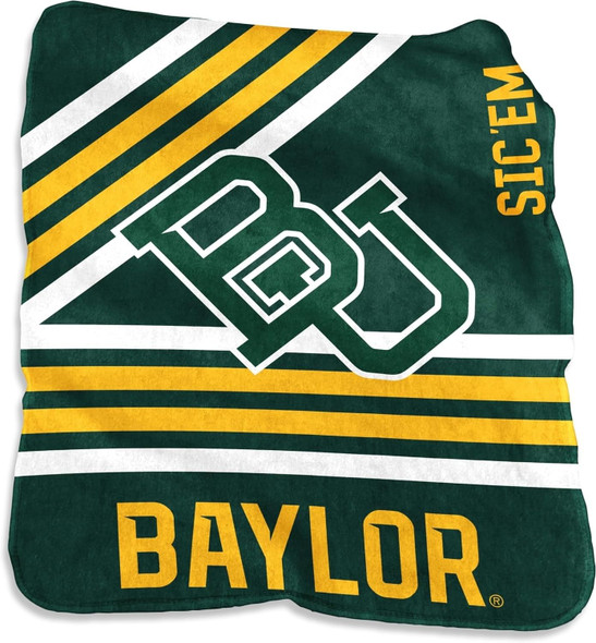 Official Baylor Bears Raschel Fleece Blanket folded neatly on a dorm bed, featuring large green and gold Baylor logo, ultra-soft texture, and cozy fleece material in a college-themed setting. Official Baylor Bears Raschel Fleece Blanket folded neatly on a dorm bed, featuring large green and gold Baylor logo, ultra-soft texture, and cozy fleece material in a college-themed setting.