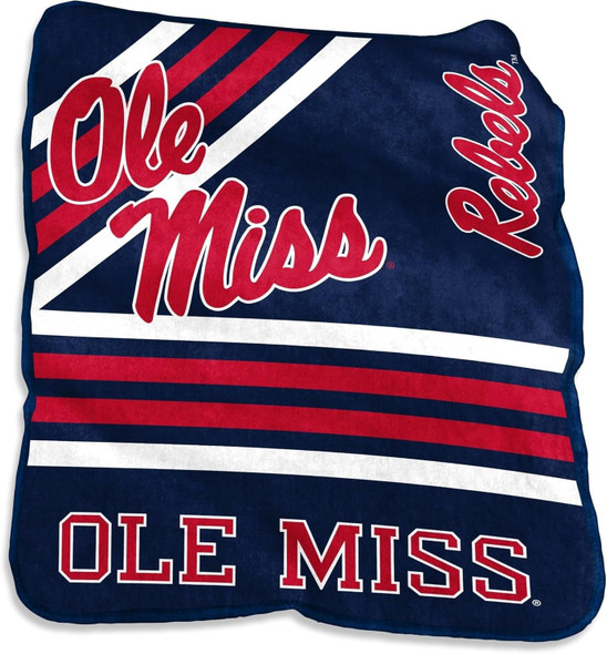 Mississippi Rebels Raschel Throw Blanket displayed on a couch, showing bold red and blue team colors with official Ole Miss logo centered on soft 50x60 plush fabric Mississippi Rebels Raschel Throw Blanket displayed on a couch, showing bold red and blue team colors with official Ole Miss logo centered on soft 50x60 plush fabric