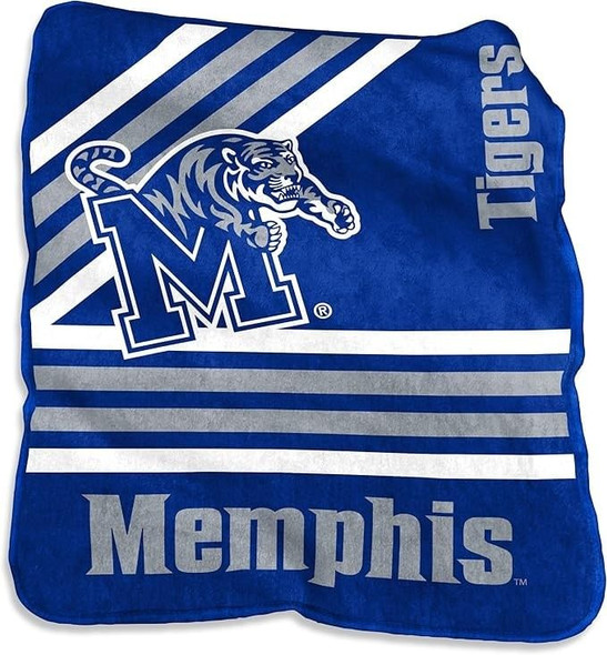 Memphis Tigers Raschel Fleece Blanket 50x60 inches draped over a gray couch, showing bold team logo and vibrant blue and gray colors, officially licensed NCAA throw perfect for dorm rooms, game day, or gifting. Memphis Tigers Raschel Fleece Blanket 50x60 inches draped over a gray couch, showing bold team logo and vibrant blue and gray colors, officially licensed NCAA throw perfect for dorm rooms, game day, or gifting.