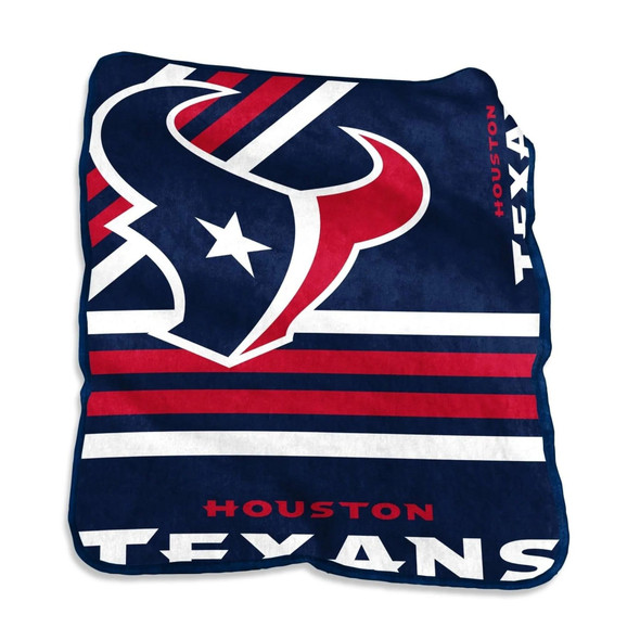 Official Houston Texans 50x60 Raschel Throw Blanket on a gray couch, showing vibrant team colors and NFL logo, soft textured fabric, perfect for home, tailgating, or gifting to fans. Official Houston Texans 50x60 Raschel Throw Blanket on a gray couch, showing vibrant team colors and NFL logo, soft textured fabric, perfect for home, tailgating, or gifting to fans.