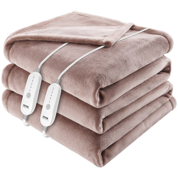 King size dual-control heated electric blanket in beige, neatly spread across a bed with soft flannel texture visible, showing two independent controllers resting on each side of the bed