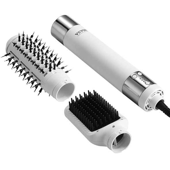 Ionic Hair Dryer Brush with 110,000 RPM brushless motor and dual styling heads displayed on a clean white background. Features an oval brush for volume and a paddle brush for straightening.