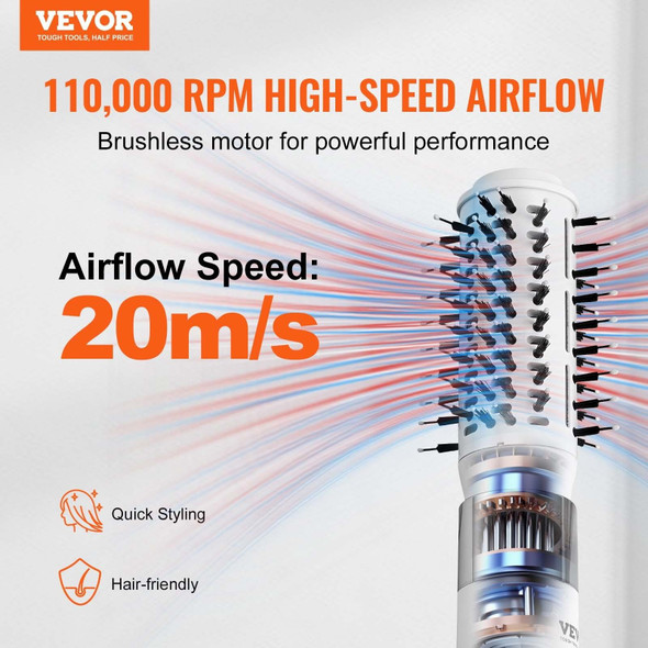 Smiling woman styling her hair with the Ionic Hair Dryer Brush in front of a vanity mirror, showing sleek, frizz-free results using the paddle brush attachment.