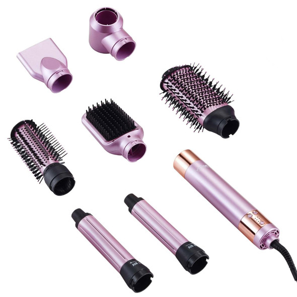 6-in-1 hair styler and dryer brush set with auto-wrap curlers, three brush attachments, and two nozzle concentrators displayed on a marble countertop