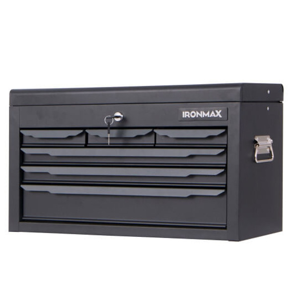 Front view of a 24 inch matte black steel tool chest with six drawers and a top lid compartment, placed on a garage workbench, showcasing organized tool storage and compact industrial design.