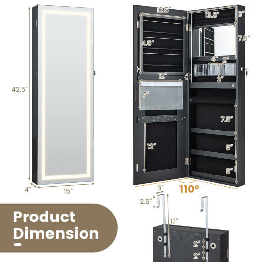42.5 Inches Lockable Jewelry Mirror Wall Cabinet with 3-Color LED Lights-Black B593-JV11171US