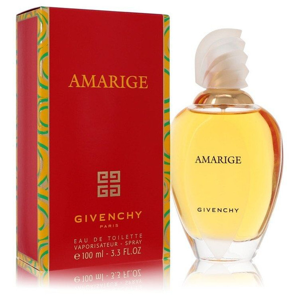 Amarige by Givenchy Eau De Toilette 3.4 oz sealed perfume bottle with gold cap on elegant vanity table, luxury floral fragrance for women