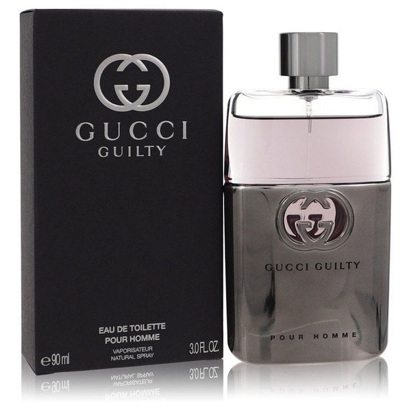 Gucci Guilty Eau De Toilette for Men 3 oz bottle front view on black marble counter with designer packaging – authentic luxury cologne perfect for gifting