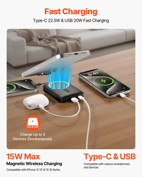 MagSafe-compatible wireless power bank charging iPhone 15 with digital LED battery display illuminated