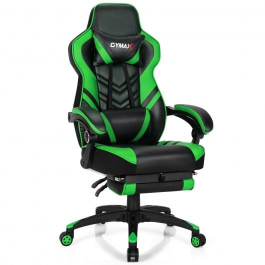 Adjustable green gaming chair with footrest shown fully upright, featuring bold green PU leather, flip-up armrests, and ergonomic high-back design.