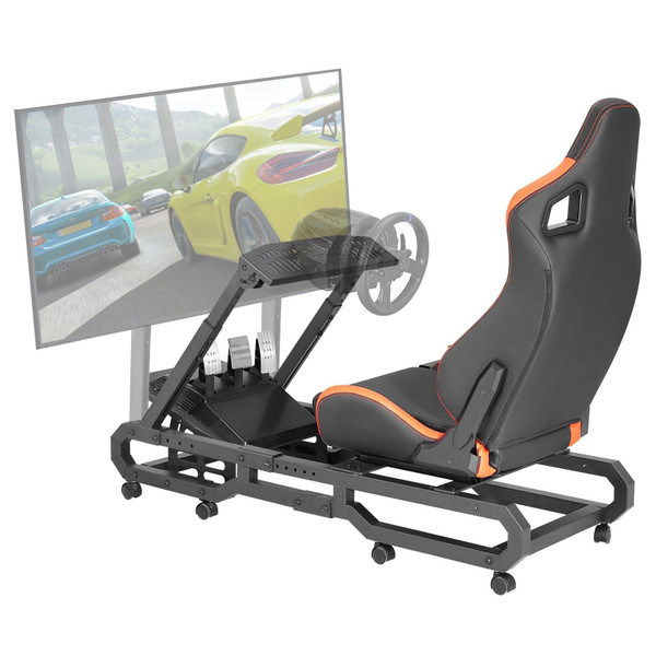 Heavy-duty racing wheel stand fully assembled with Logitech G29 and adjustable pedal mount on hardwood floor