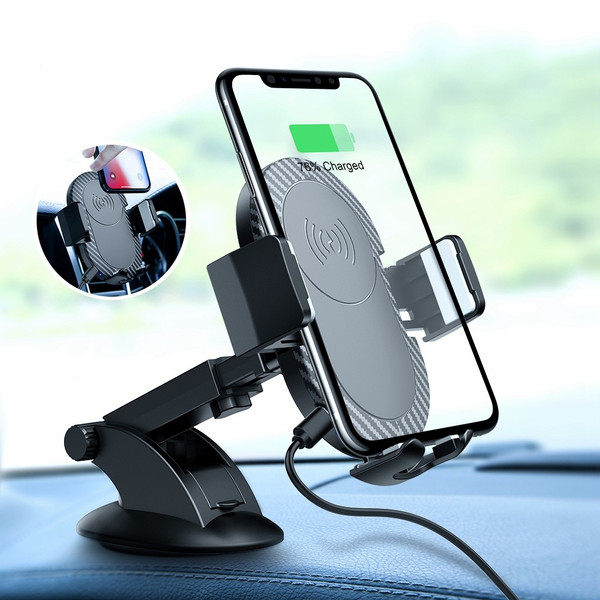 Qi wireless car charger mounted on air vent, holding an iPhone in portrait mode with charging icon visible on screen.