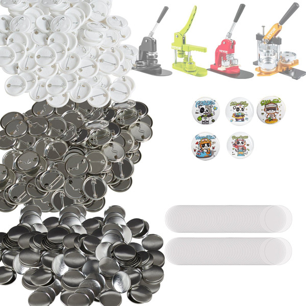 500-piece DIY button badge parts kit displayed on table, showing metal tops, pin backs, clear mylar covers, and blank paper inserts for 1.25 inch custom buttons