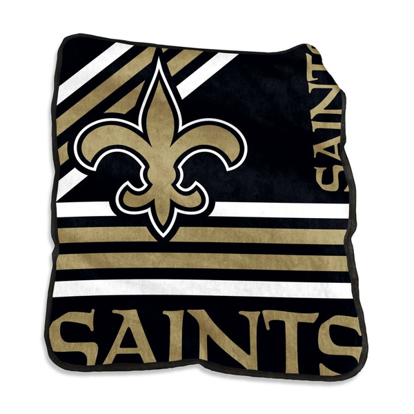Official New Orleans Saints Raschel Throw Blanket draped over a sofa, showcasing bold black and gold team colors, high-definition Saints logo at center, and ultra-soft plush texture in a 50x60 size perfect for game day comfort or fan cave decor.