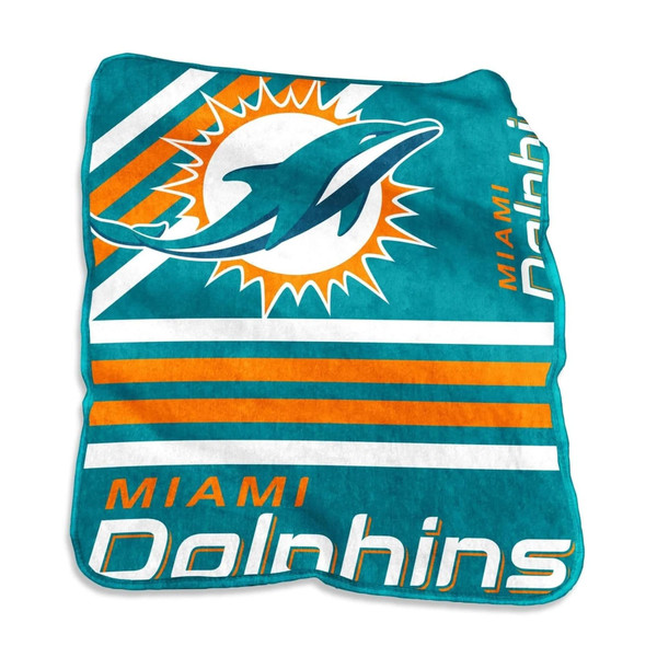 Official Miami Dolphins Raschel Throw Blanket draped over a couch, showcasing bold team logo and vibrant aqua-orange colors in a cozy game-day setting