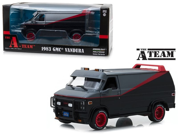 1983 GMC Vandura Van A-Team 1/24 diecast collectible model by Greenlight featuring black body, red stripe, and detailed exterior design displayed in collector packaging.