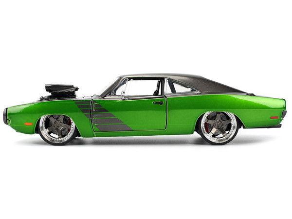 1970 Dodge Charger R/T Diecast Model Car by Jada Toys in Dark Gray and Green Metallic with Racing Stripes – 1:24 Scale Bigtime Muscle Collectible Displayed on White Background