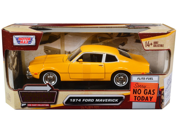 Close-up of 1974 Ford Maverick yellow 1/24 diecast model car by Motormax showing detailed exterior, chrome trim, and opening driver door on collector display shelf