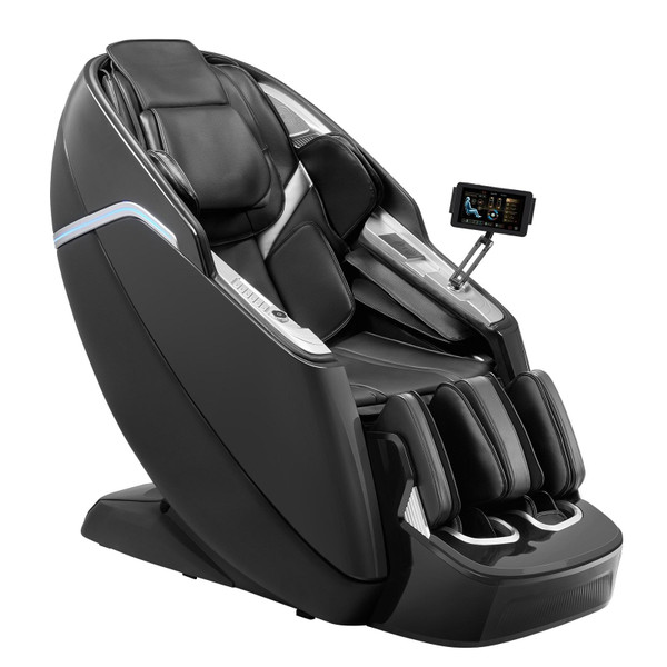 Dual-Core 4D+3D full body massage chair front view with electric extendable footrest, extended SL track, heated lumbar zone, and full-body airbags, designed for home wellness and AI voice control.