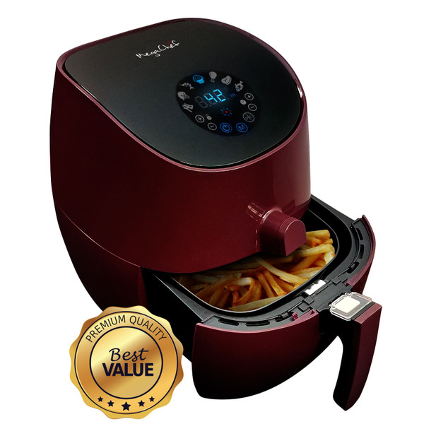 MegaChef 3.5 Quart Airfryer and Multicooker in burgundy on kitchen countertop, featuring 7 pre-programmed cooking settings and nonstick basket for healthy oil-free meals.